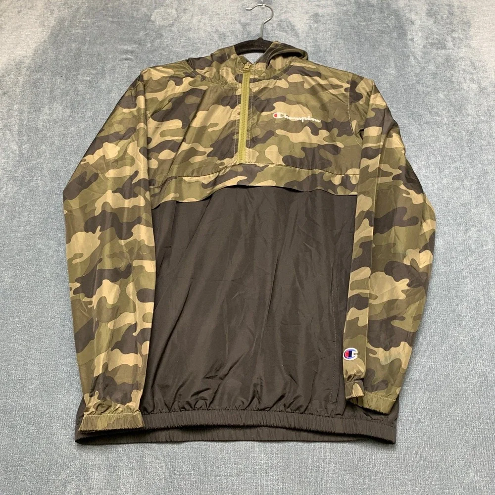 Champion Windbreaker Jacket Mens Large Black Green Camo Hooded Quarter Zip
